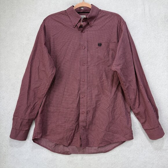 Cinch Shirt Mens Small Burgundy Micro Print Button Down Long Sleeve Embroidered - Picture 1 of 7